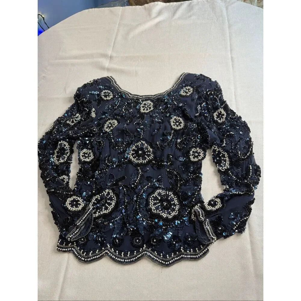 Black Tie By He-Ro Industries Navy Blue Sequin Embellished Silk VTG Top Medium